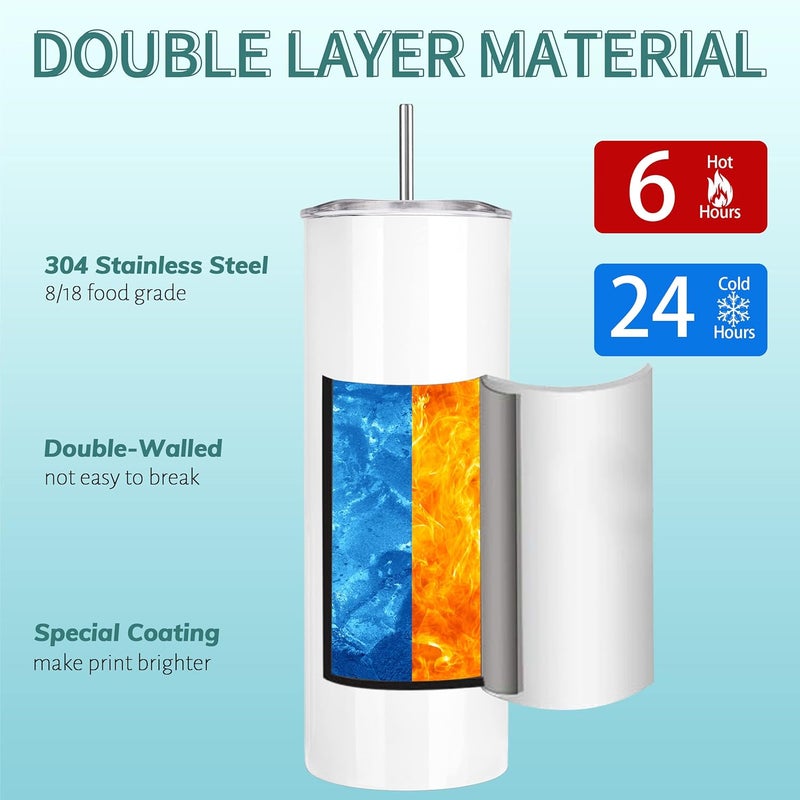 DS 10 Pack Sublimation Tumblers Bulk 20 oz Skinny Straight Flat Bottom Blank Tumbler Cups with Individual Gift Boxed for Heat Transfer DIY Craft - Image 4